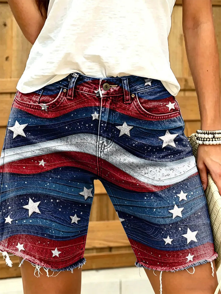 Women's American flag wavy star print frayed denim Bermuda shorts