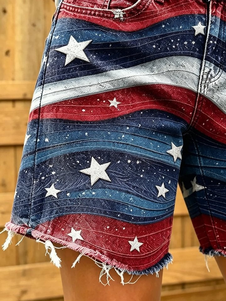Women's American flag wavy star print frayed denim Bermuda shorts