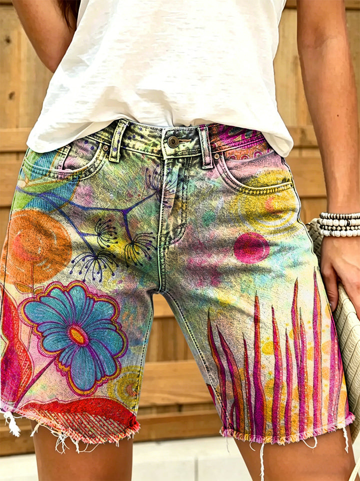 Women's Retro Colorful Floral Art Print Casual Washed Cotton Denim Shorts