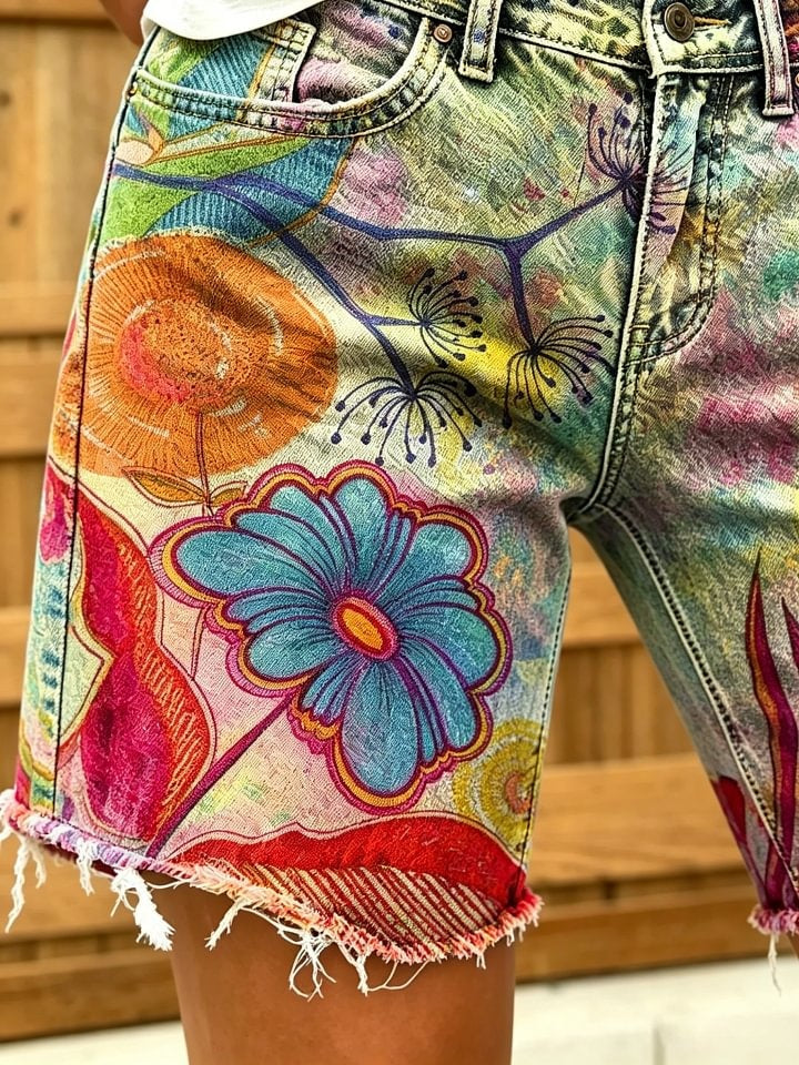 Women's Retro Colorful Floral Art Print Casual Washed Cotton Denim Shorts