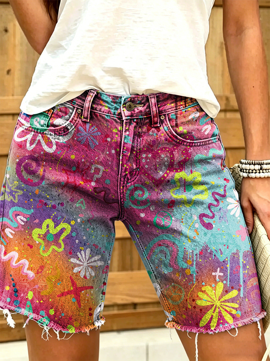 Women's Colorful Art Print Casual Washed Cotton Denim Shorts