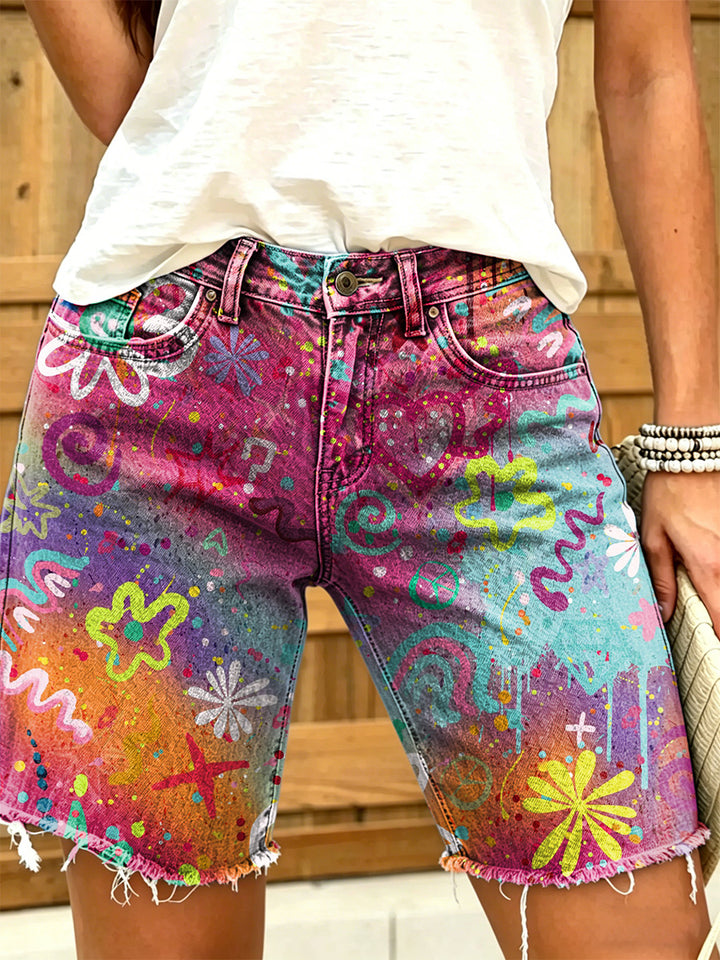 Women's Colorful Art Print Casual Washed Cotton Denim Shorts
