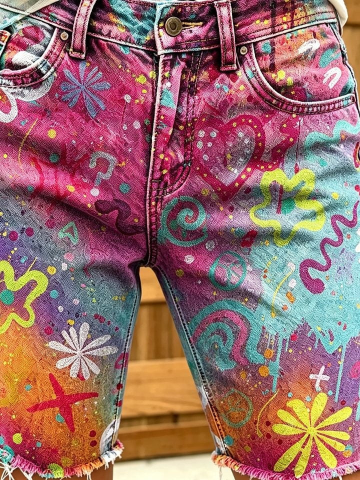 Women's Colorful Art Print Casual Washed Cotton Denim Shorts
