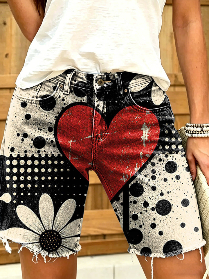 Women's Retro Heart And Floral Art Print Casual Washed Cotton Denim Shorts