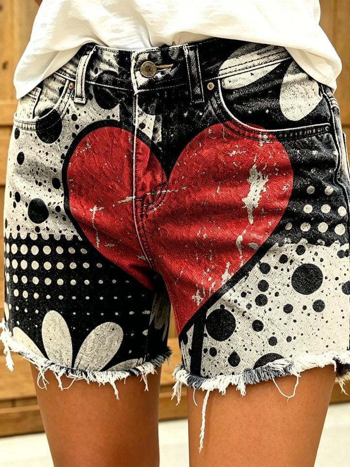 Women's Retro Heart And Floral Art Print Casual Washed Cotton Denim Shorts