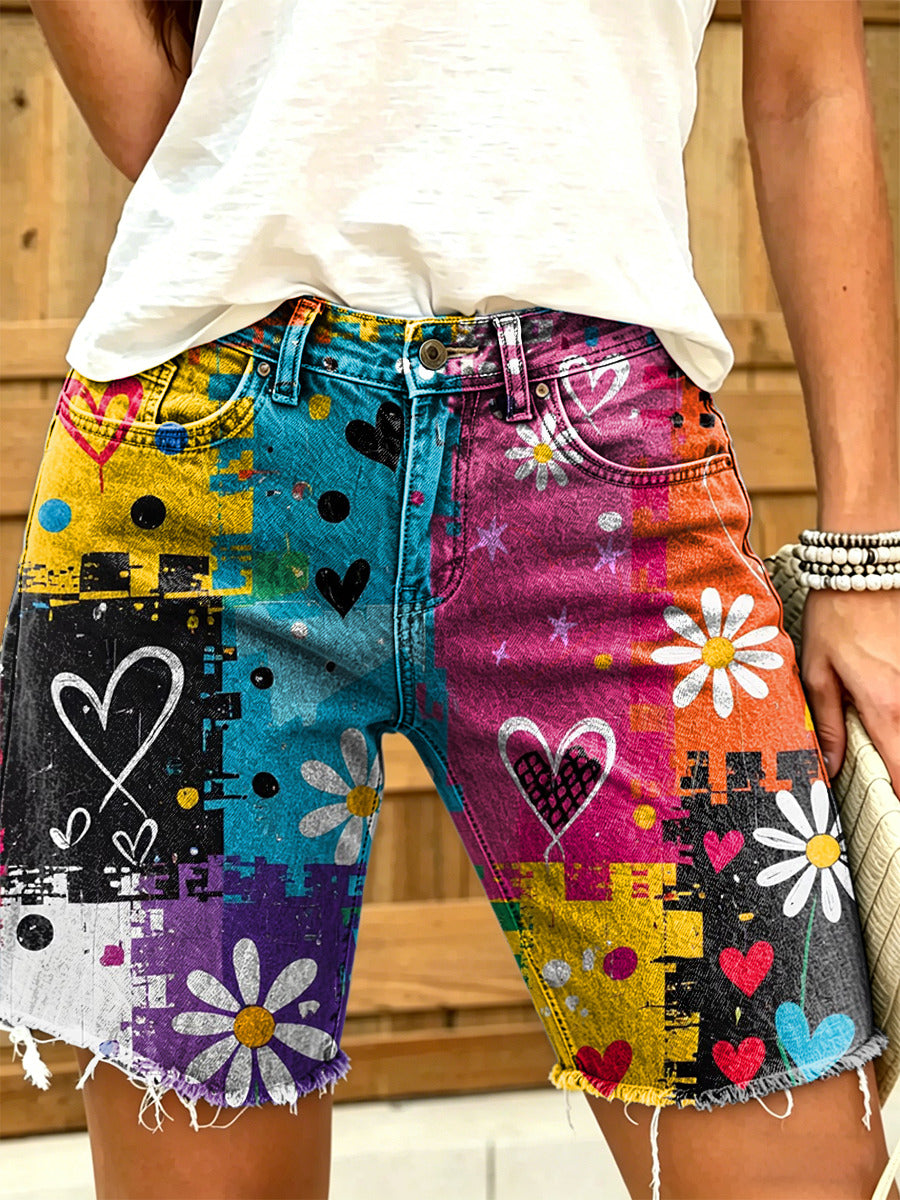Women's Retro Colorful Hippie Art Print Casual Washed Cotton Denim Shorts