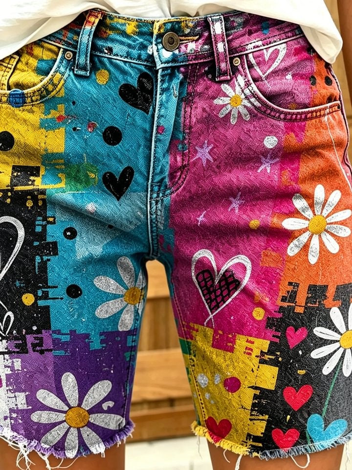 Women's Retro Colorful Hippie Art Print Casual Washed Cotton Denim Shorts
