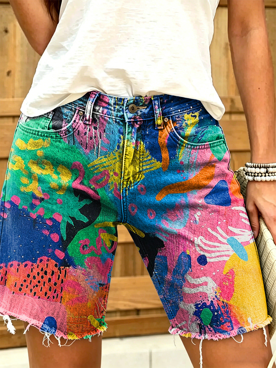 Women's Retro Colorful Art Print Casual Washed Cotton Denim Shorts