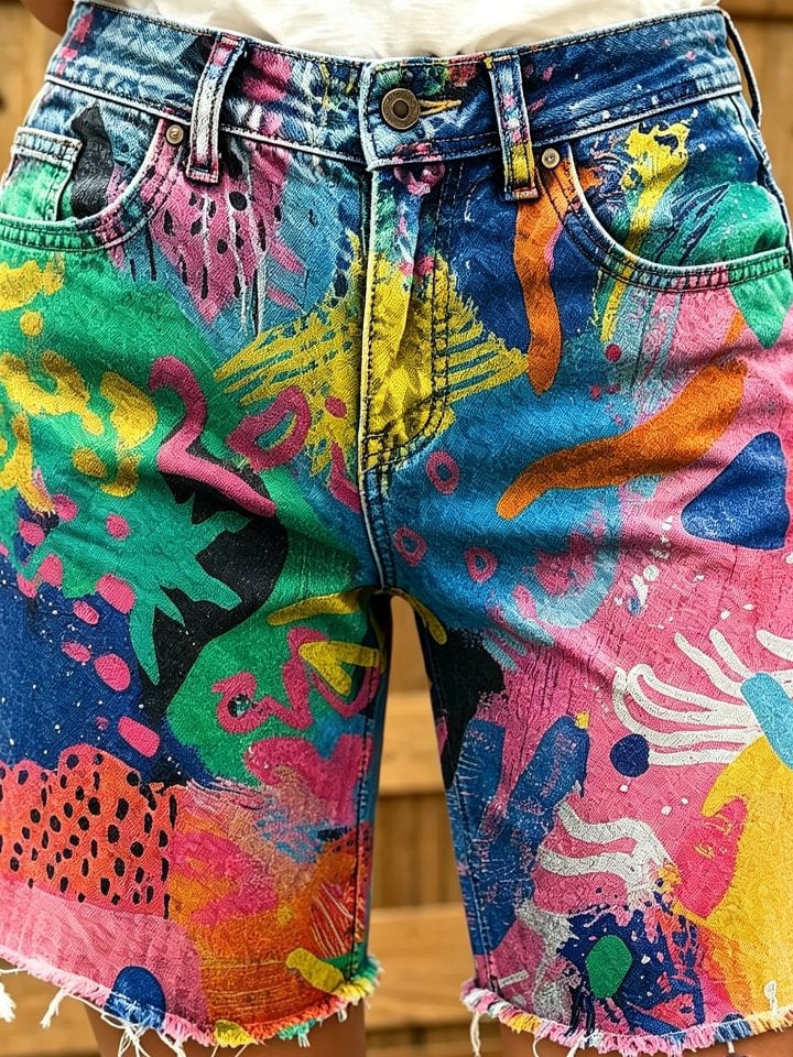 Women's Retro Colorful Art Print Casual Washed Cotton Denim Shorts