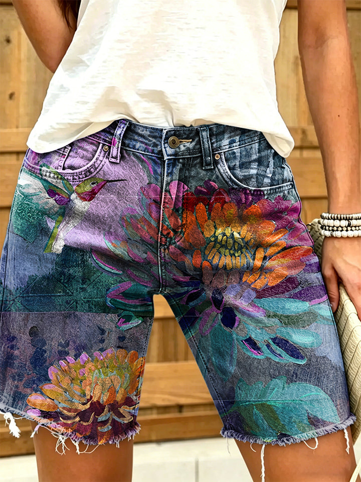 Women's Retro Ethnic Floral Art Print Casual Washed Cotton Denim Shorts