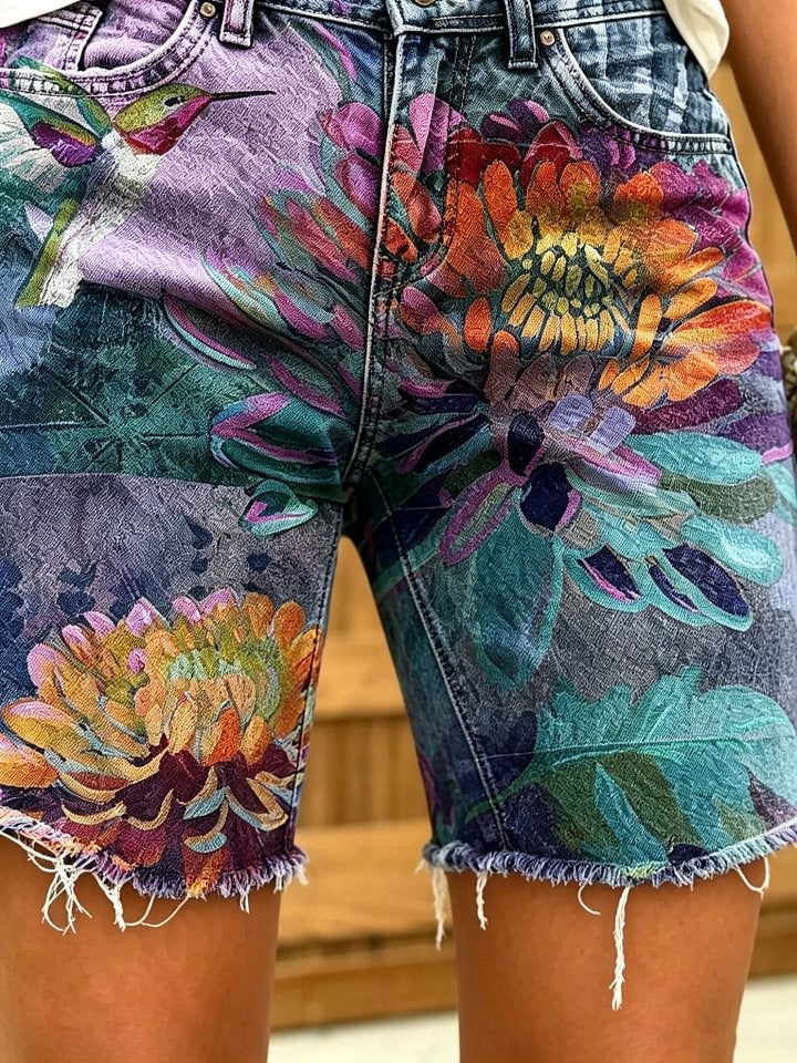 Women's Retro Ethnic Floral Art Print Casual Washed Cotton Denim Shorts