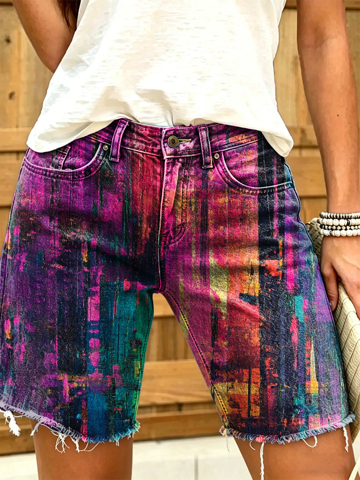 Women's Retro Colorful Art Print Casual Washed Cotton Denim Shorts
