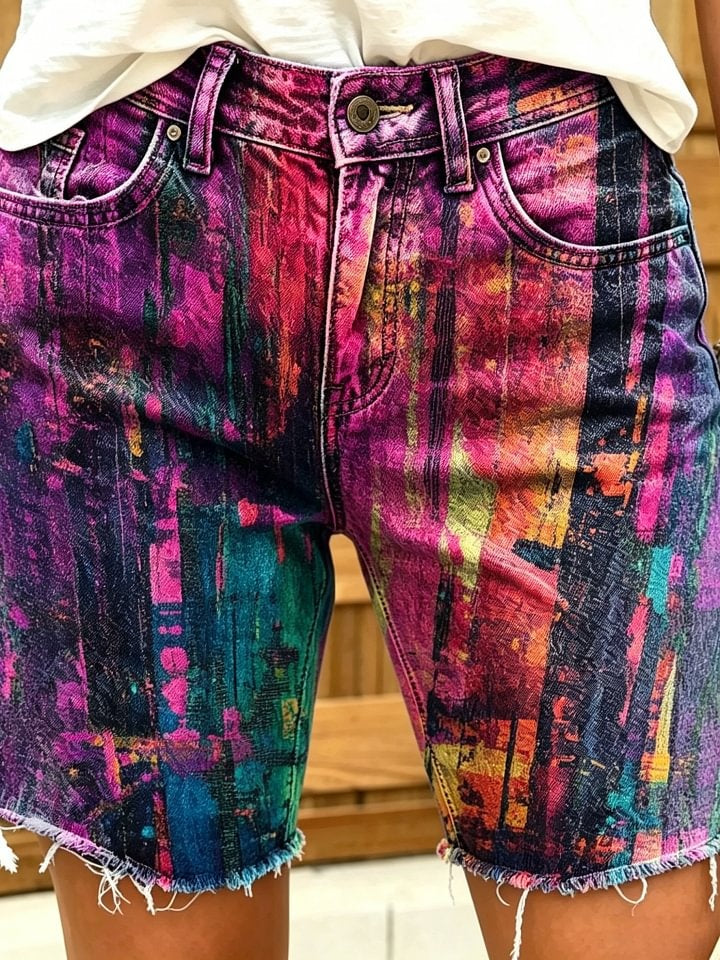 Women's Retro Colorful Art Print Casual Washed Cotton Denim Shorts