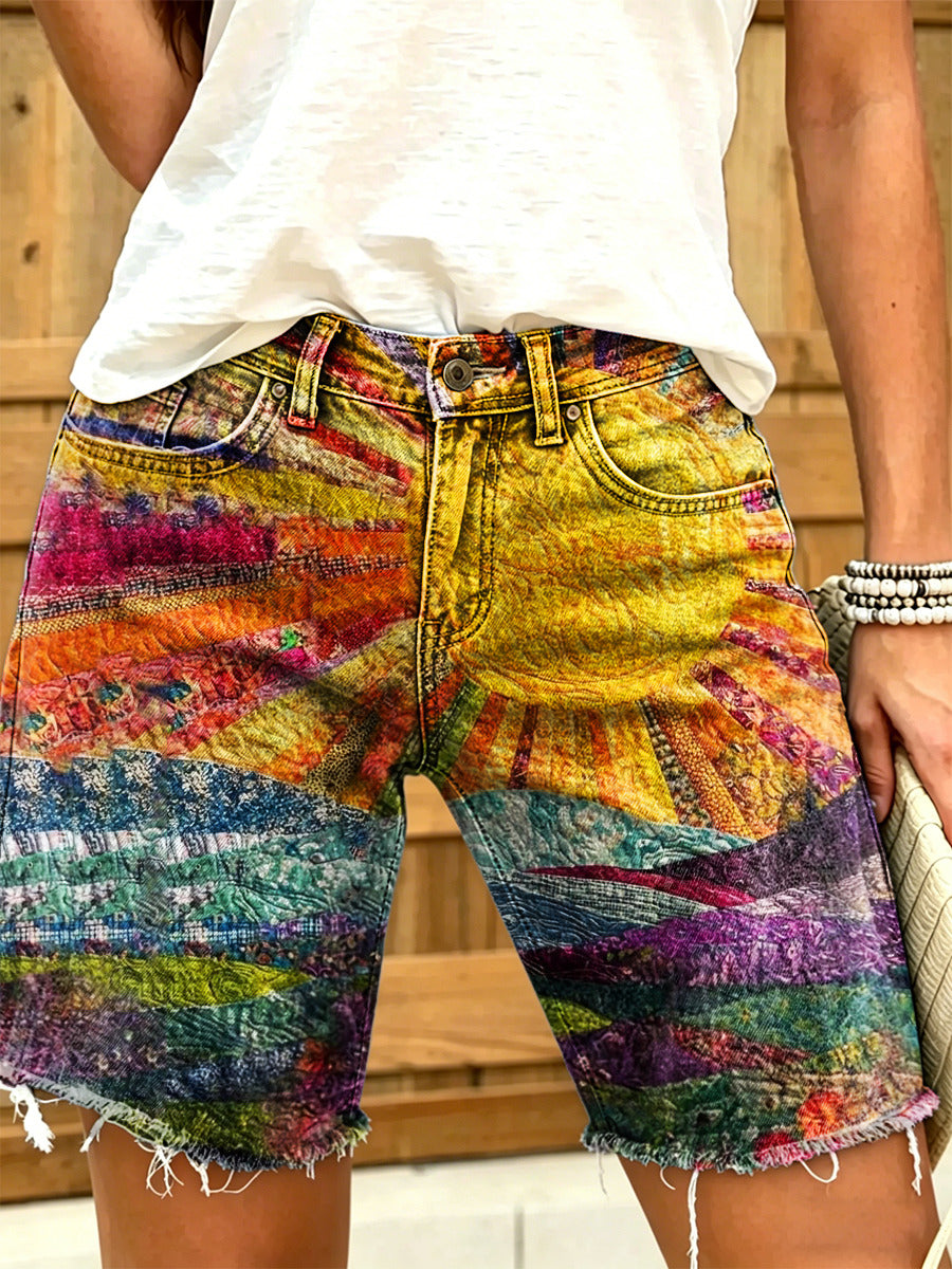 Women's Retro Colorful Sun Art Print Casual Washed Cotton Denim Shorts