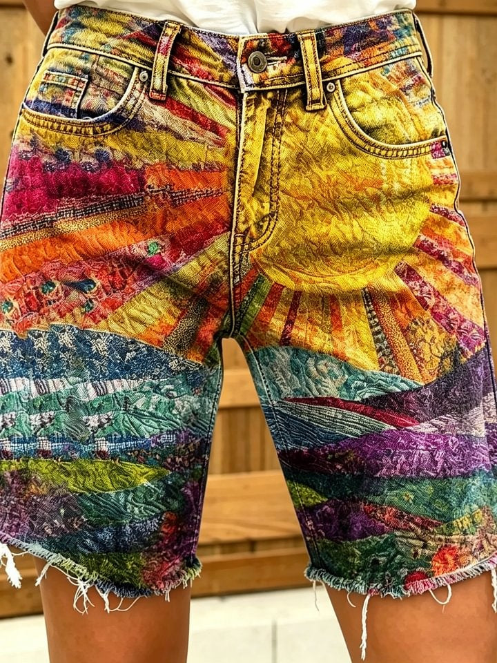 Women's Retro Colorful Sun Art Print Casual Washed Cotton Denim Shorts