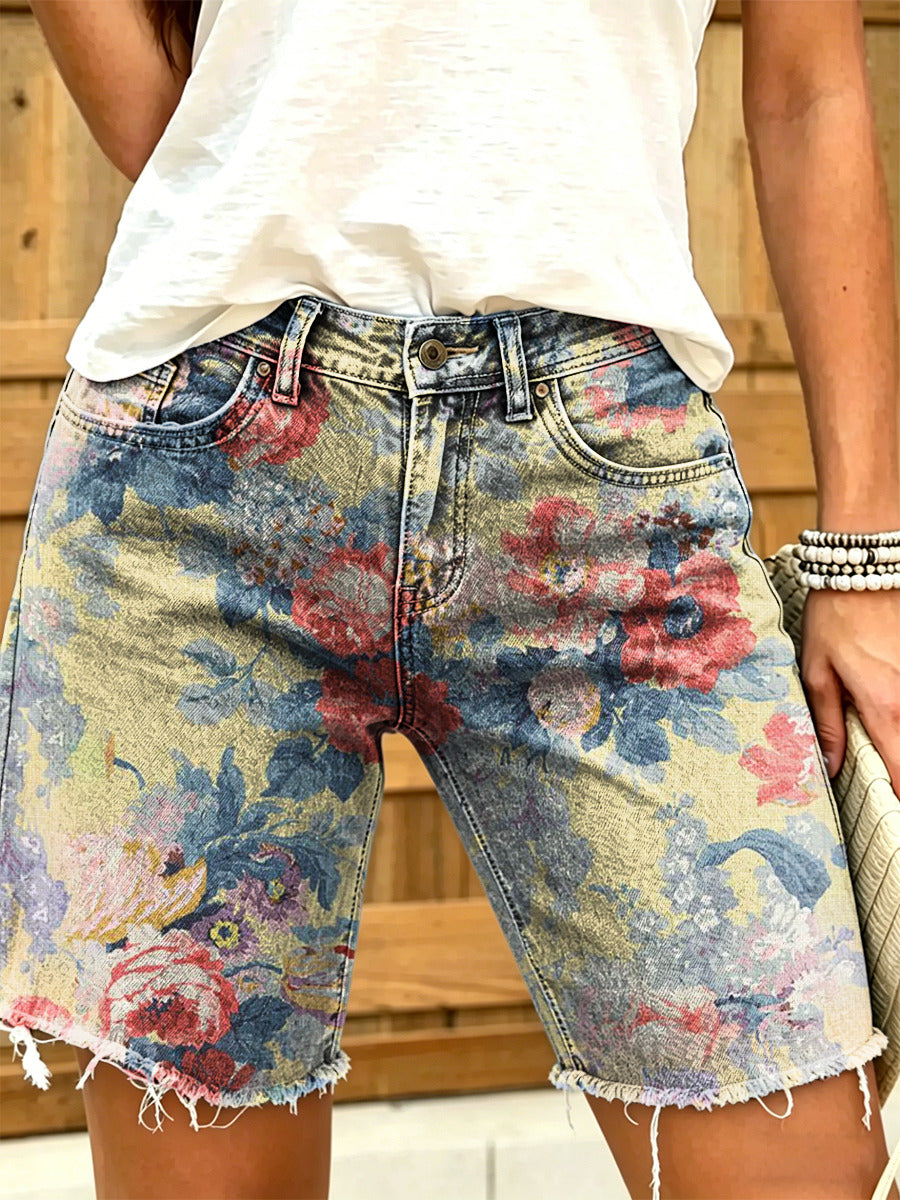 Women's Retro Ethnic Floral Art Print Casual Washed Cotton Denim Shorts