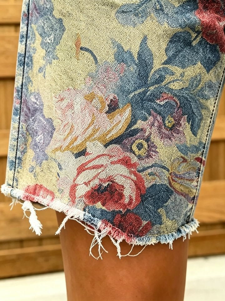 Women's Retro Ethnic Floral Art Print Casual Washed Cotton Denim Shorts