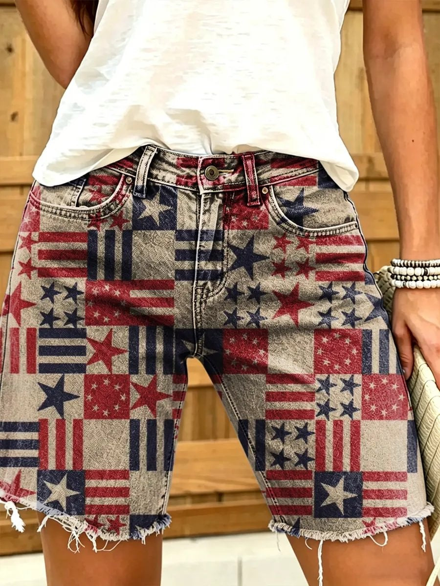 Independence Theme Patchwork Stars Women's Art Print Casual Denim Shorts