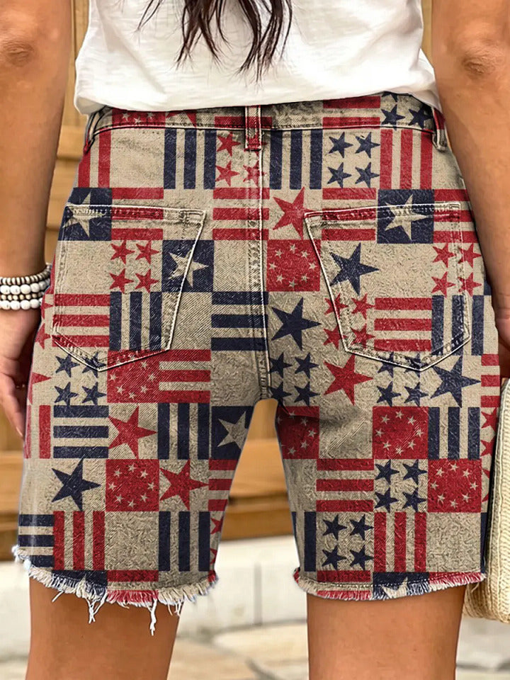 Independence Theme Patchwork Stars Women's Art Print Casual Denim Shorts