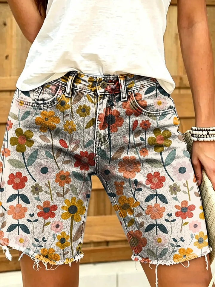 Ethnic-style geometric floral print women's casual denim shorts