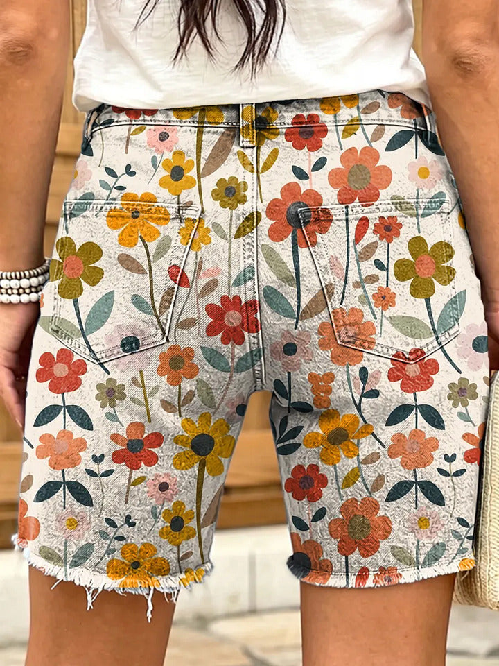 Ethnic-style geometric floral print women's casual denim shorts