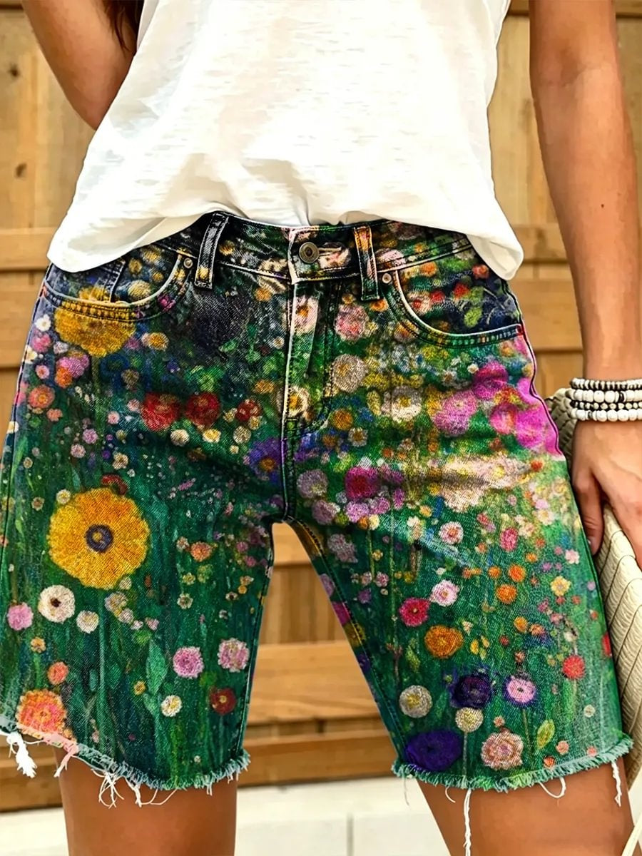 Ethnic floral geometric pattern women's art print casual denim shorts