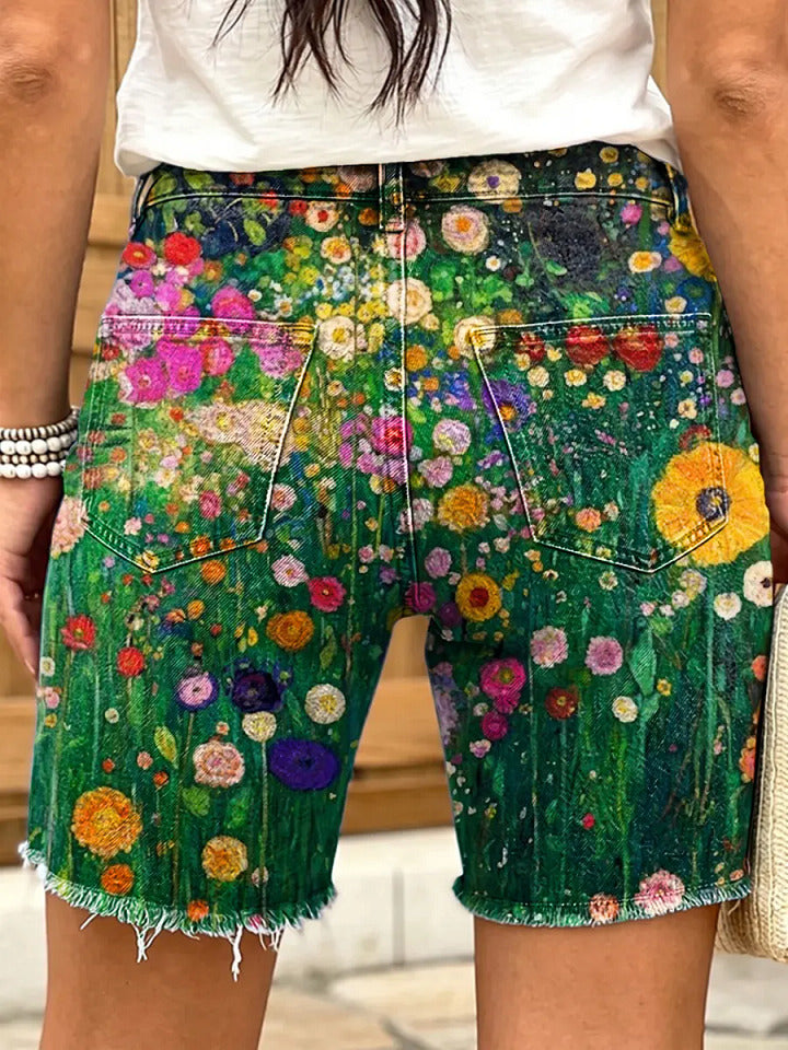 Ethnic floral geometric pattern women's art print casual denim shorts