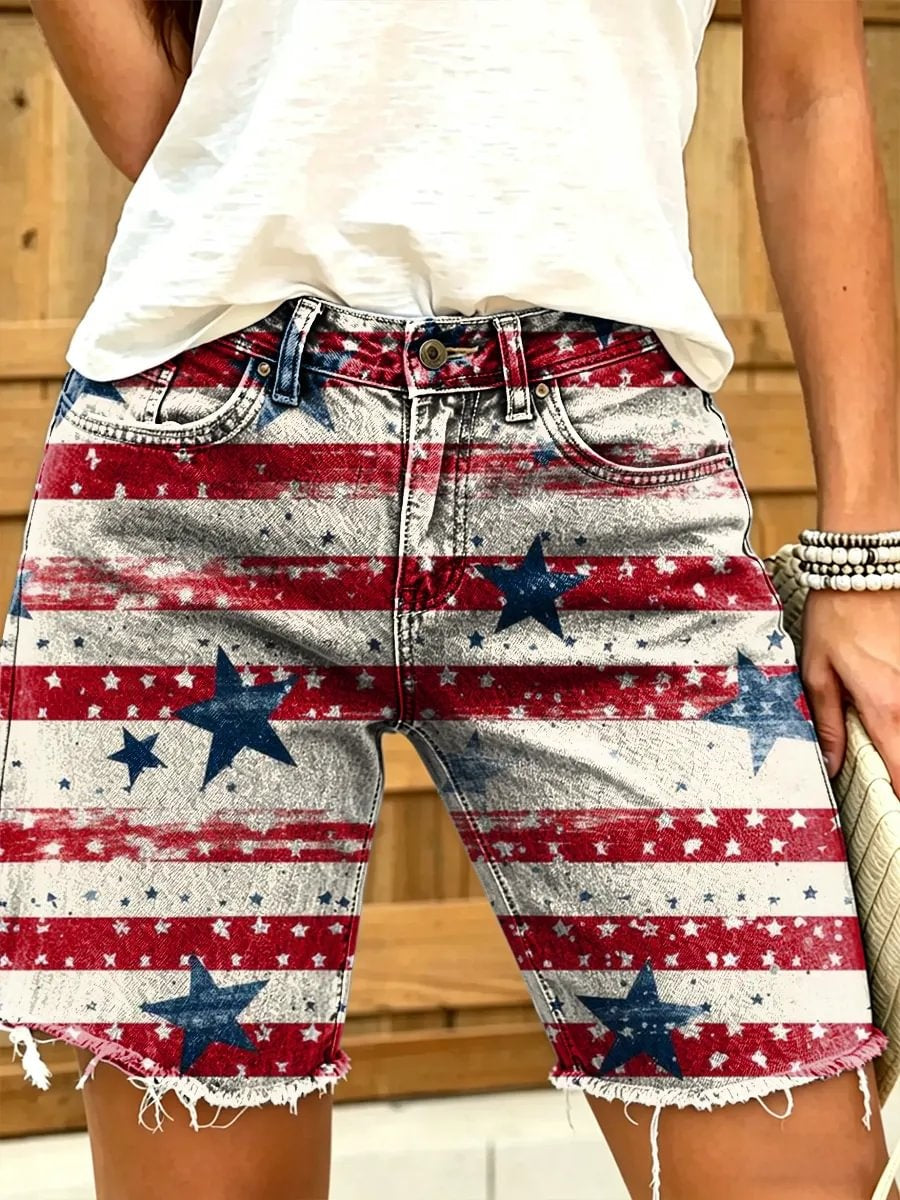 Independence Day Patchwork Striped Star Art Print Casual Denim Shorts