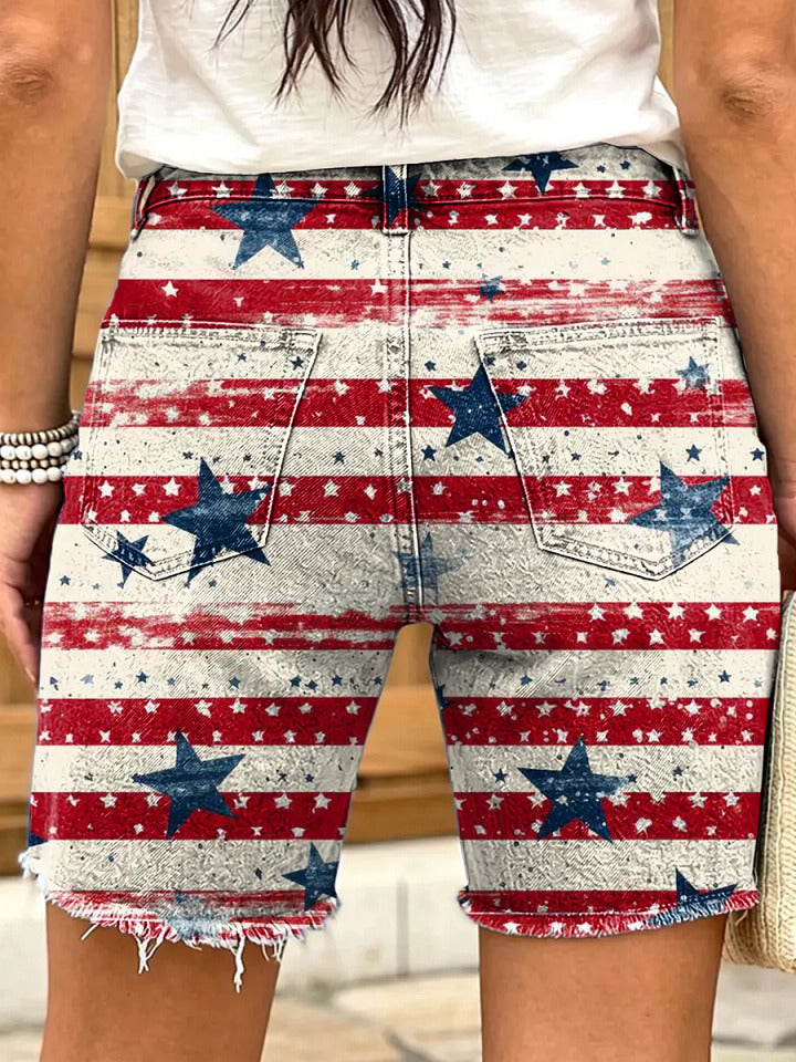 Independence Day Patchwork Striped Star Art Print Casual Denim Shorts