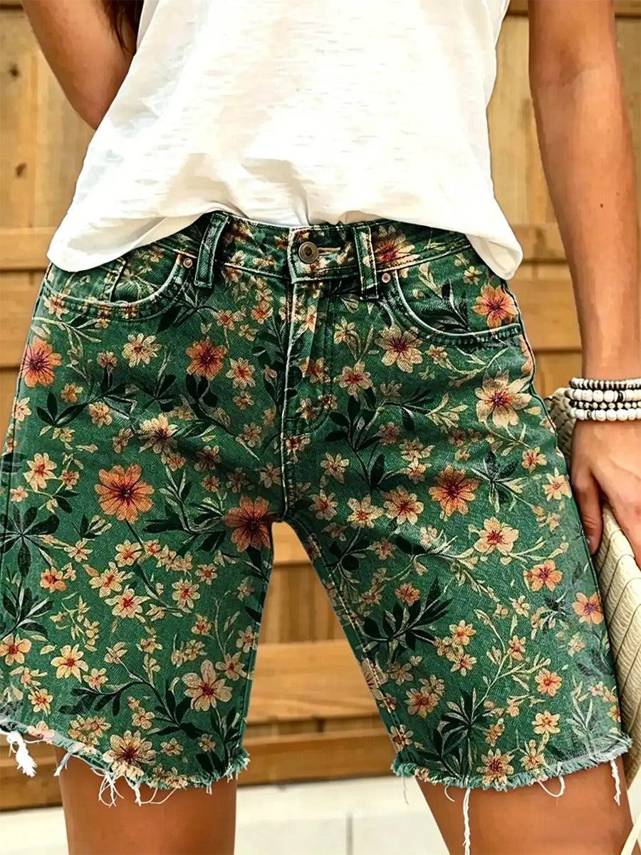 Women's Retro Print Denim Shorts