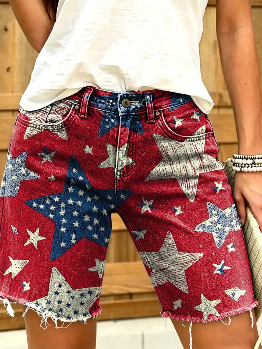 Women's Independence Day Star-Print Artistic Denim Shorts