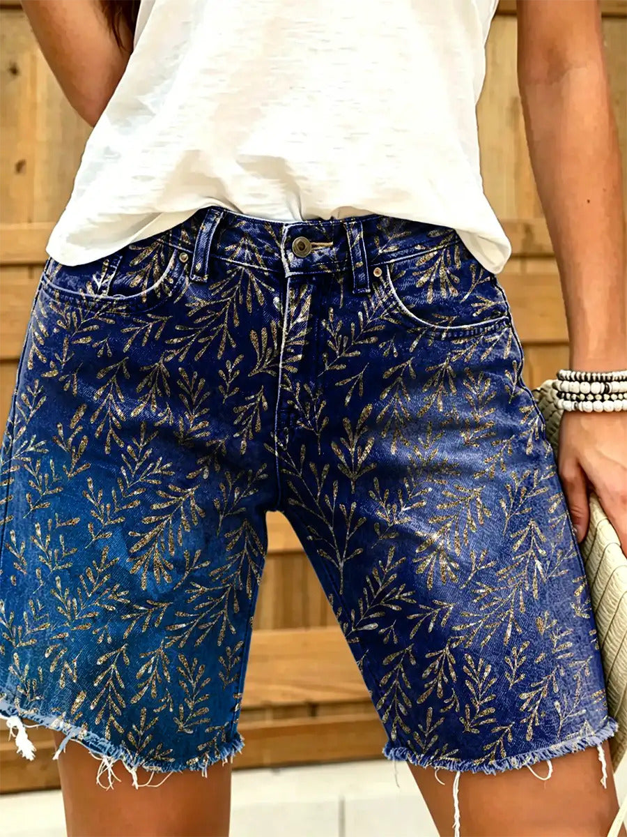 Women's Artistic Print Denim Shorts With Leaf Motif