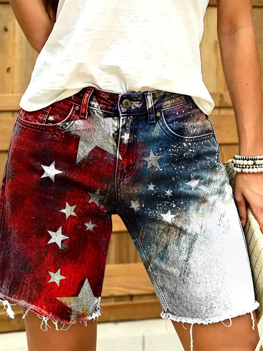 Women's Independence Day Star Print Art Denim Shorts