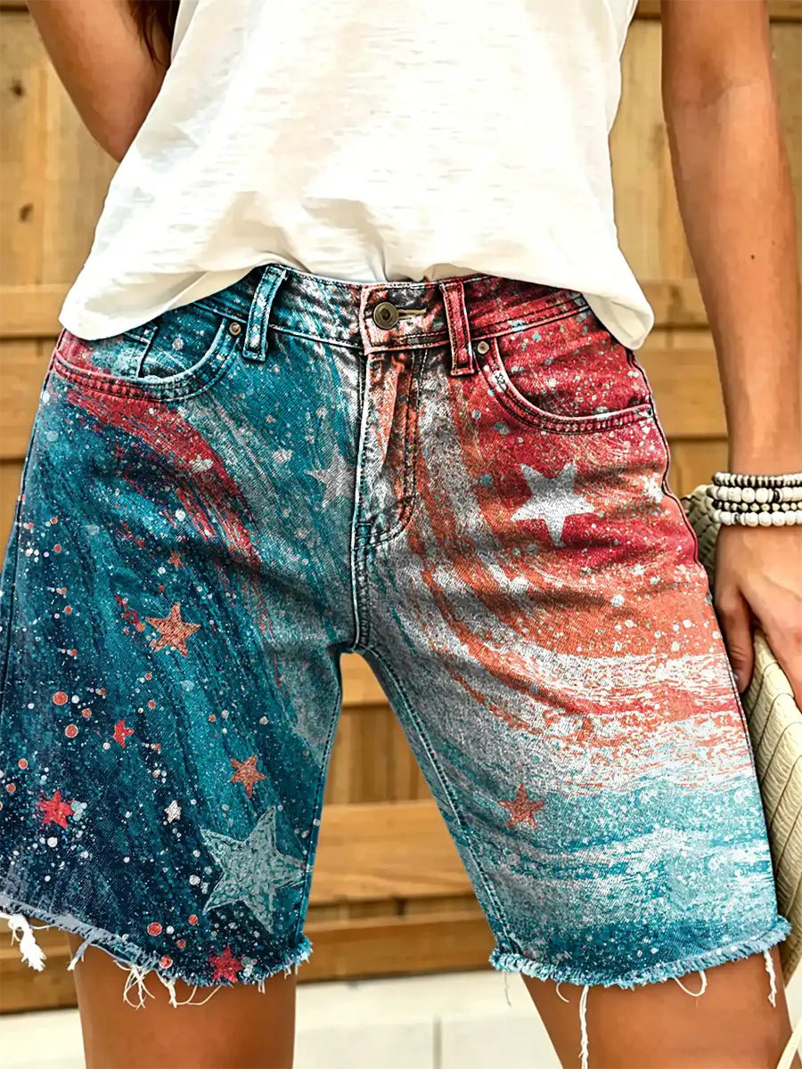 Women's Independence Day Star-Print Artistic Denim Shorts