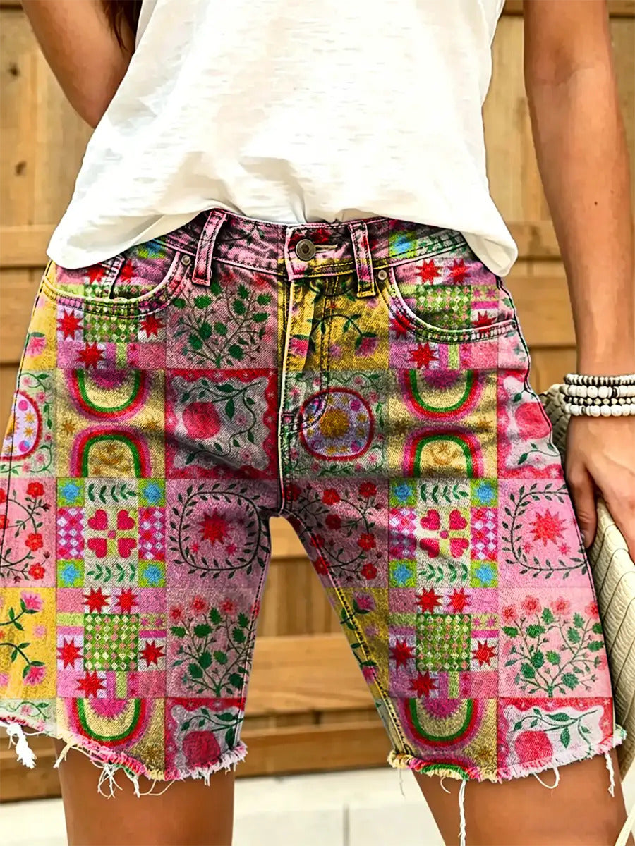 Women's Retro Print Denim Shorts