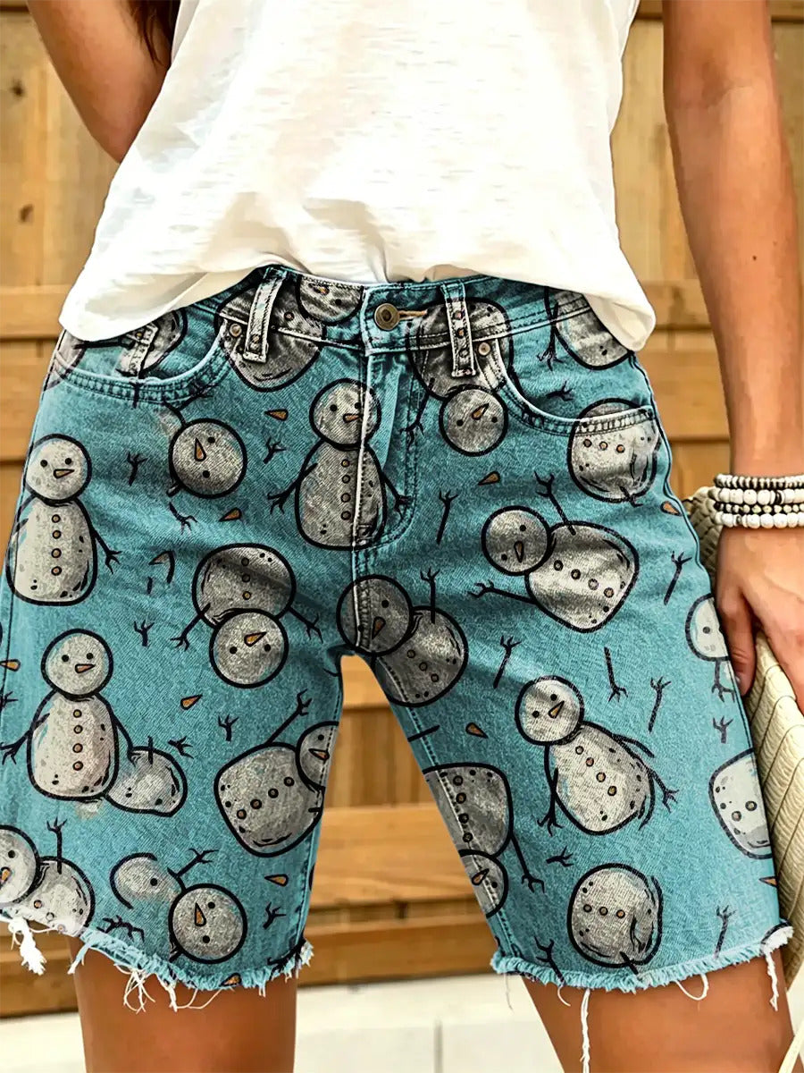 Women's Snowman Print Denim Shorts