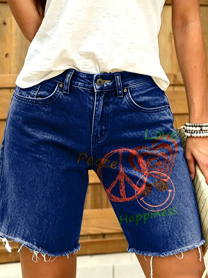 Women's Peace, Love and Happiness Printed Frayed Denim Shorts