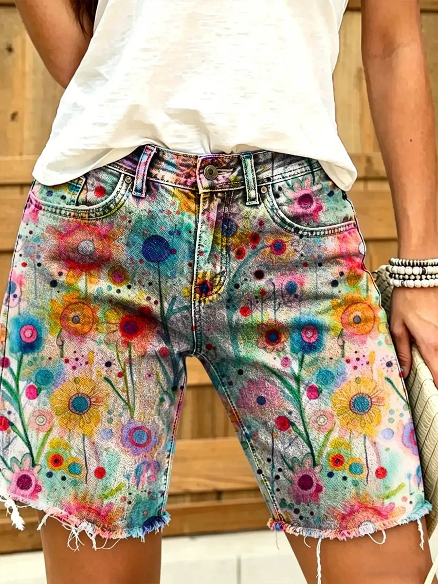 Retro ethnic style watercolor floral art print women's casual denim shorts