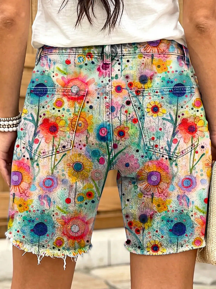 Retro ethnic style watercolor floral art print women's casual denim shorts