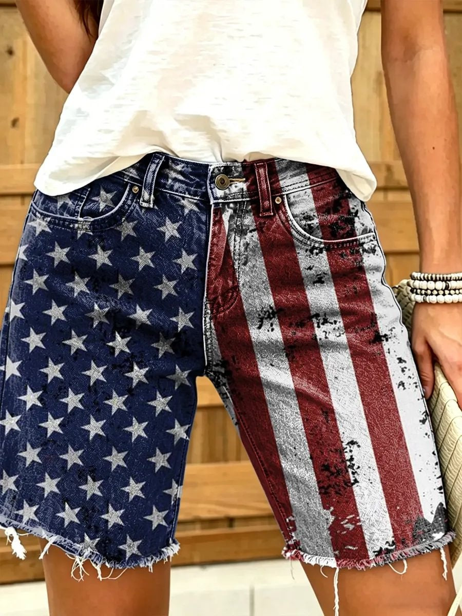 Independence Day American Flag Women's Art Print Casual Denim Shorts