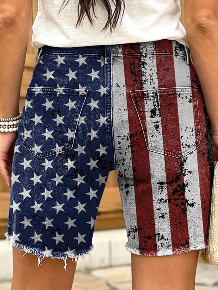 Independence Day American Flag Women's Art Print Casual Denim Shorts