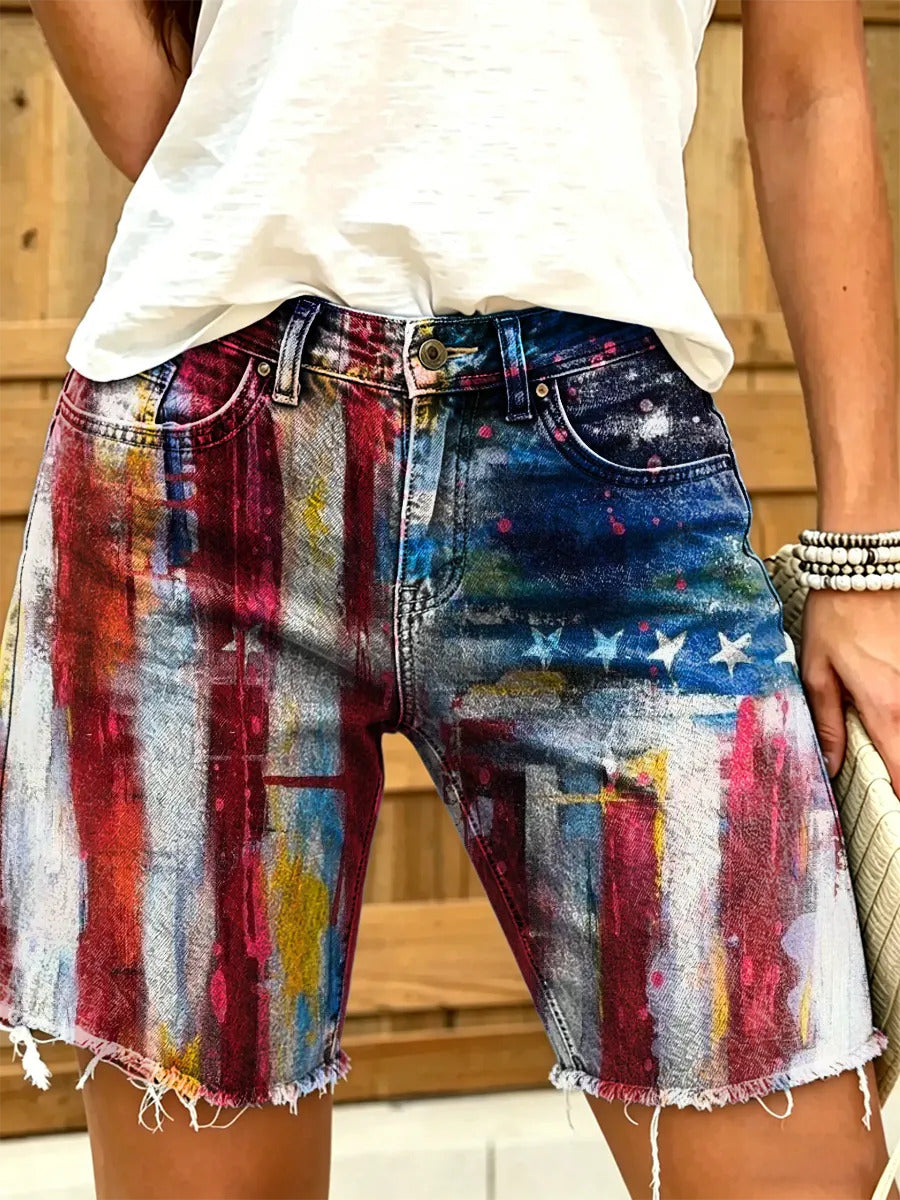 Women's Independence Day Print Artistic Denim Shorts