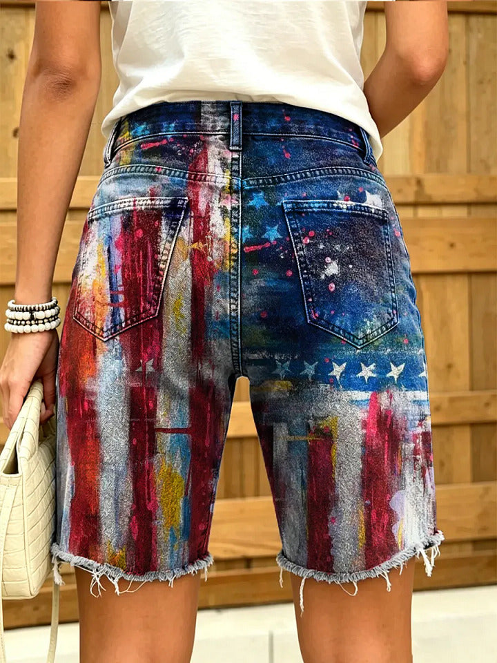 Women's Independence Day Print Artistic Denim Shorts