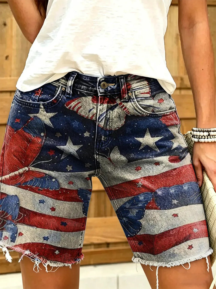 Women's Independence Day Butterfly Print Art Denim Shorts
