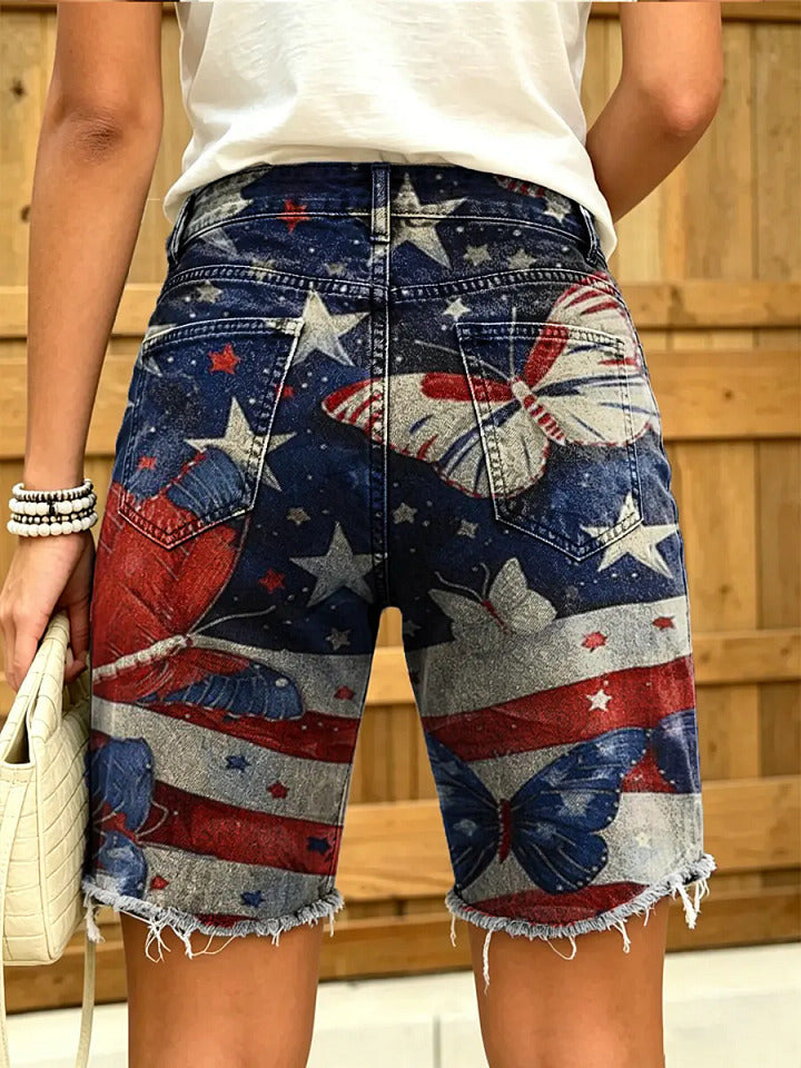 Women's Independence Day Butterfly Print Art Denim Shorts