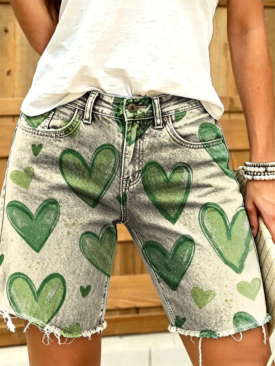 Women's denim shorts with heart-shaped art print