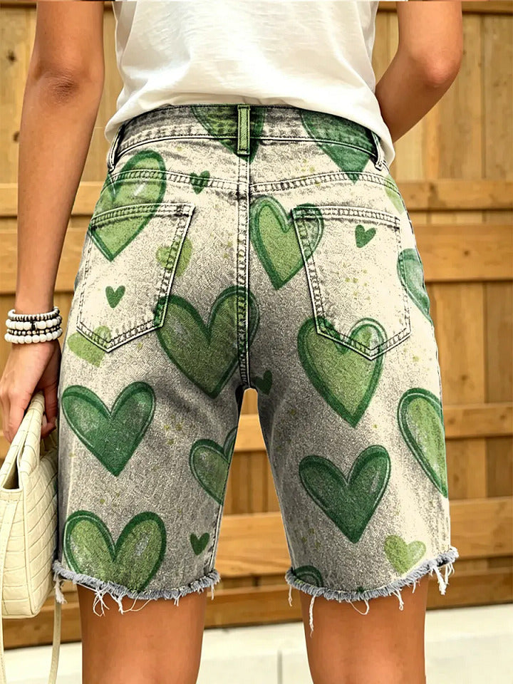 Women's denim shorts with heart-shaped art print