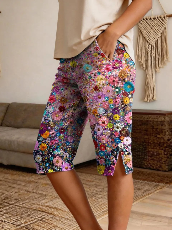 Women's full-color daisy print side-slit denim Bermuda shorts