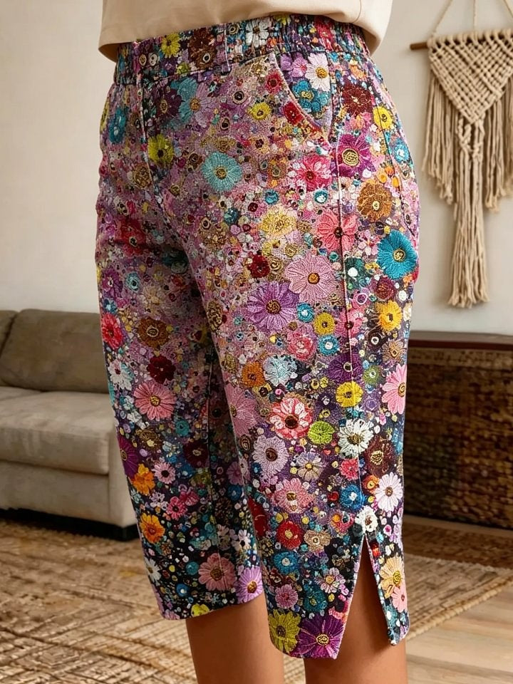 Women's full-color daisy print side-slit denim Bermuda shorts