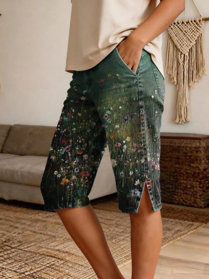 Women's vintage oil painting wildflower distressed print side-slit denim Bermuda shorts
